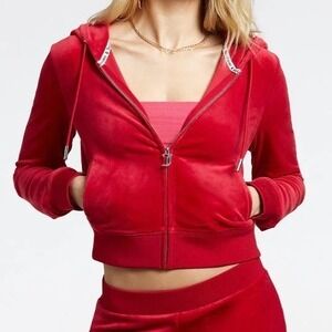 Juicy Couture Hoodie Womens S Red Velour Rhinestone Zip Up Jacket OG Bling